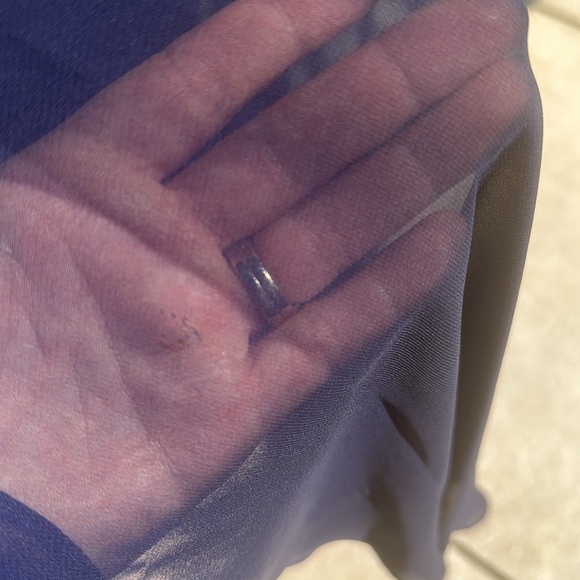 Navy blue mid length formal gown with sheer cape, draping around front and back - Picture 8 of 9